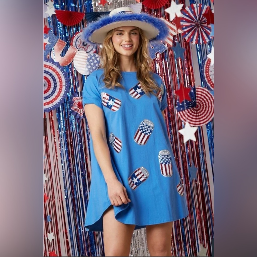 Fantastic Fawn Blue American Patriotic Sequin Beer Mini Dress Holiday Large